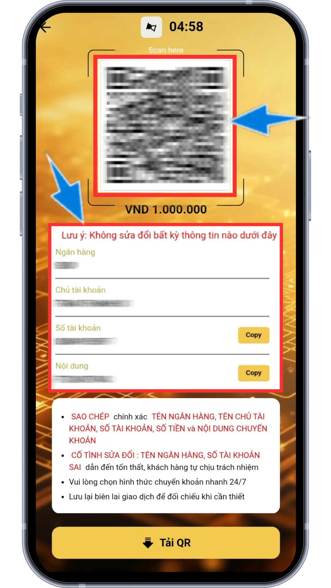 Bước 3: Quét mã QR hoặc sao chép thông tin chuyển khoản